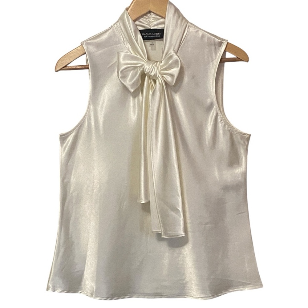 NWT Black Label Evan Picone Ivory Satin Bow Blouse Sleeveless Tie Neck Top Small